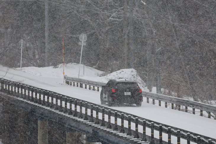 越後湯沢の山岳路を行く「スバル・レヴォーグ」。アイスバーンなど一部のシビアコンディション時のドライブは慎重に行いたいが、オールシーズンタイヤであることを意識することなく雪道を走ることができた。