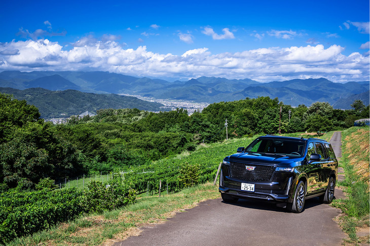 斜面に広がるブドウ畑と「キャデラック・エスカレード」。向こうに見えるのは、上田城をはじめとする多くの文化財で知られる、“信州の鎌倉”こと上田市だ。