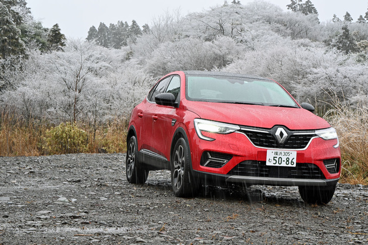 「ルノー・アルカナ」で静岡県伊豆市を目指す！ のだが、取材の都合で撮影はすべて帰り道で。これは桜が満開の写真ではなく、前夜に降った雨が木に付いたまま凍ってしまっている。