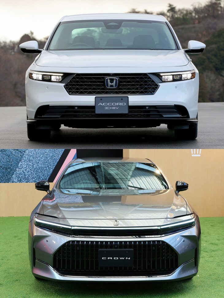 新型「ホンダ・アコード」（上）はフロントマスクも比較的シンプルな構成。フルLEDのヘッドランプは今どきな薄型だが、それでも「トヨタ・クラウン セダン」（下）あたりと比べれば、まだコンサバでわかりやすいデザインだ。