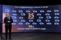 EV戦略について説明するルノーのルカ・デメオCEO。製品のほとんどを5つのプラットフォームに集約することで、高効率化を図るという。