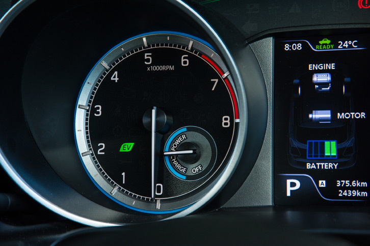フルハイブリッド車としては珍しいエンジン回転計。内側には小さなパワーフローメーターが備わっており、ハイブリッドシステムの作動状態を確認できる。