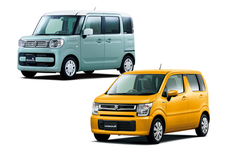 スズキの基幹車種のひとつである「アルト」だが、軽乗用車市場は今や「ワゴンR」（右下）などのハイトワゴンや、「スペーシア」（右上）などのスーパーハイトワゴンが主流。背の低い軽自動車＝軽セダンは少数派となっている。