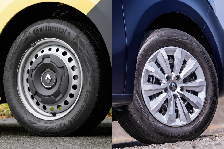 足もとの仕様は、「ゼン」と「クレアティフ」ではシルバーのスチールホイールにハーフキャップの組み合わせ、「インテンス」では黒のスチールホイールにフルホイールキャップの組み合わせだ。タイヤサイズは全車共通で、205/60R16。（写真左：向後一宏／写真右：花村英典）