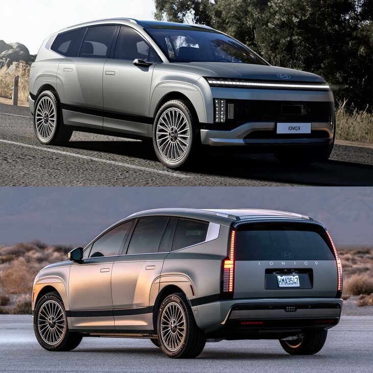 3列シートのクロスオーバーモデル「アイオニック9」。　
	渕野「個別のクルマの完成度もそうですが、ひとつのブランドで、こうまで振れ幅の大きなカーデザインを実現できるのがスゴいと思うんですよ」