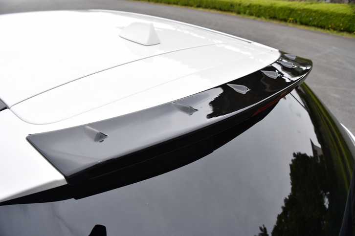 空力性能を向上させるための特徴的な突起を持つ「STIルーフエンドスポイラー」。ドイツのニュルブルクリンクにおける実走テストを経て開発された。
	 