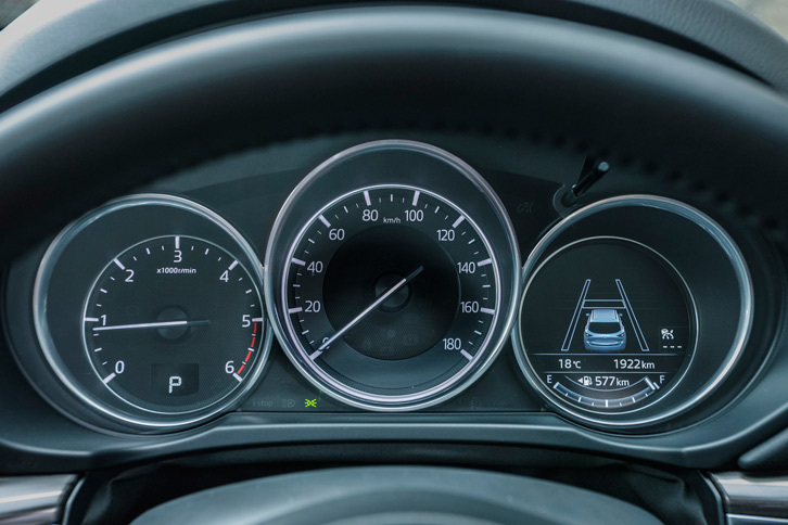 視認性が追求された、シンプルなデザインのメーター。3連右側にはマルチインフォメーションディスプレイが備わる。