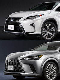 4代目（上）と5代目（下）の「レクサスRX」のフロントまわり。Aピラーの基部から始まるボンネットの段差が、4代目ではだんだん寝かされていくのに対し、5代目ではそのままの立ち具合で突き出したノーズまで続いている。