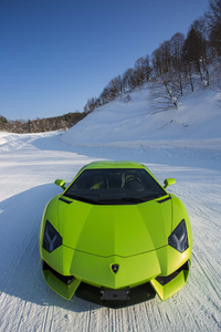 「アヴェンタドール」のアバンギャルドなデザインや刺激的な色は、雪の上ではハッとするほど浮き立つ。まるで自然にあらがっているかのようだ。