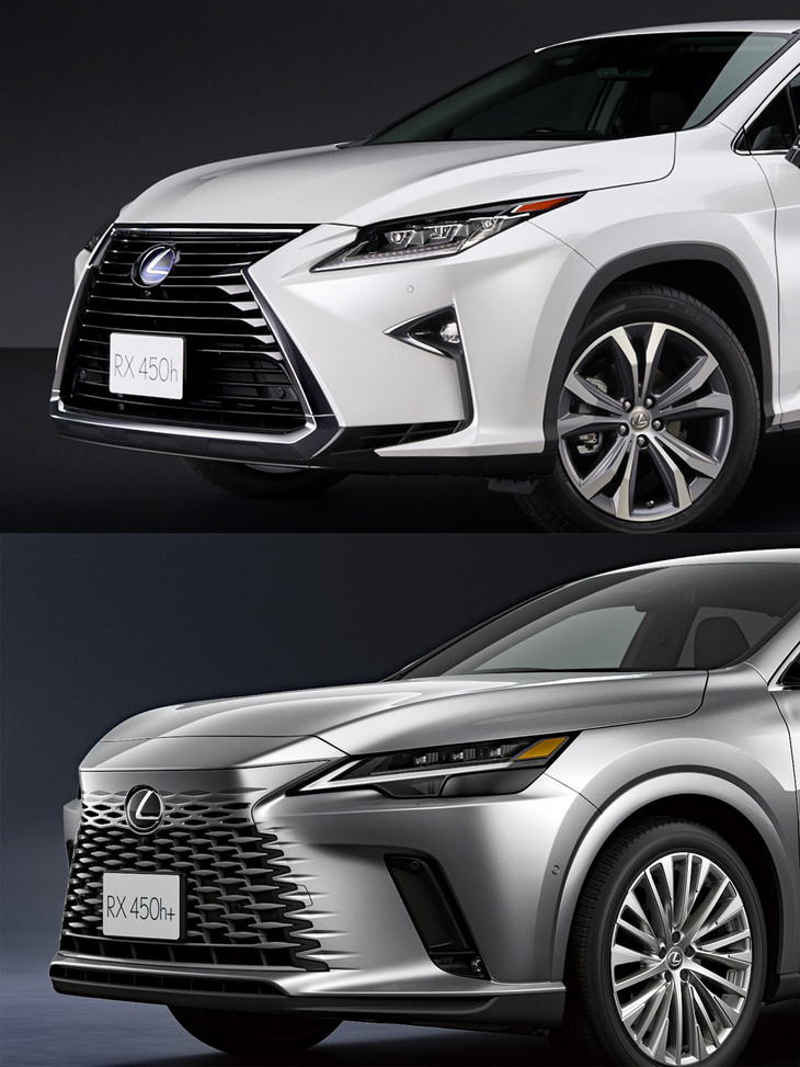 4代目（上）と5代目（下）の「レクサスRX」のフロントまわり。Aピラーの基部から始まるボンネットの段差が、4代目ではだんだん寝かされていくのに対し、5代目ではそのままの立ち具合で突き出したノーズまで続いている。