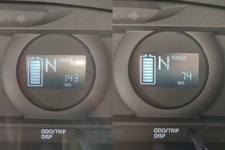 満充電の状態で計器に表示された走行可能距離は143kmと、カタログ値の150kmに近い値だった（左）が、エアコンを入れた途端に74kmに低下した（右）。