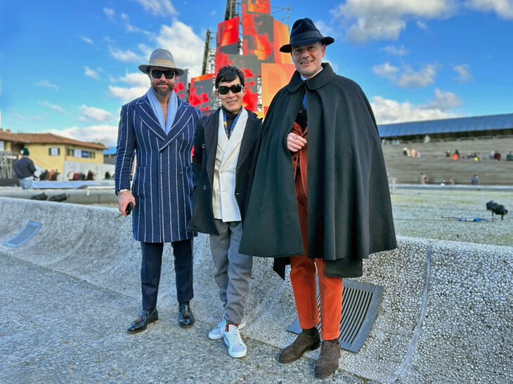 ピッティの取材は、世界各地のファッショニスタとの再会も楽しみのひとつだ。左はレバノンのインフルエンサーであるファディ・コティシェ氏。右はナポリのスーツ工房、サルトリア・カラッチョロを主宰するサヴァス・オツチェリック氏。