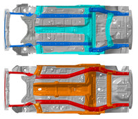 従来モデル（上）と新型（下）とのアンダーボディー骨格の比較。新型「タント」には、スムーズな骨格配置が特徴の新しいプラットフォームが採用されており、ボディー剛性のアップと軽量化、衝突安全性の向上が図られている。