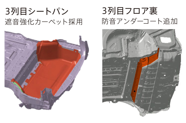 リアまわりを中心とした、静粛性向上の取り組みも大きなトピック。リアバンパーなどに遮音材を追加したり、3列目シートパンに防音用のカーペットを敷いたりしている。