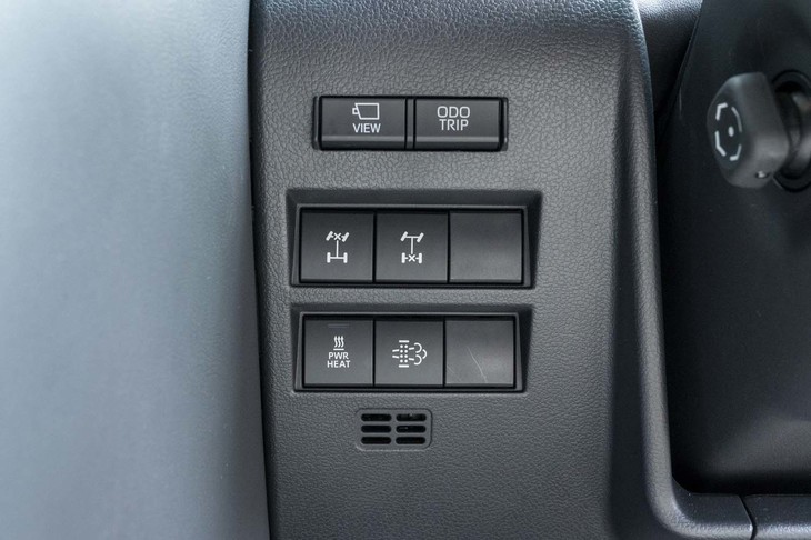 ステアリングポストの右側にレイアウトされたフロントとリアのデフロックスイッチ。センターも合わせて3カ所のデフロック機能が標準装備となるのは「GRスポーツ」のみだ。