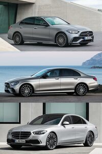 上から順に、「Cクラス」「Eクラス」「Sクラス」。最近フルモデルチェンジしたのでEクラスのみ先代の写真だが、とにかく、遠目にはほとんど区別がつかない。