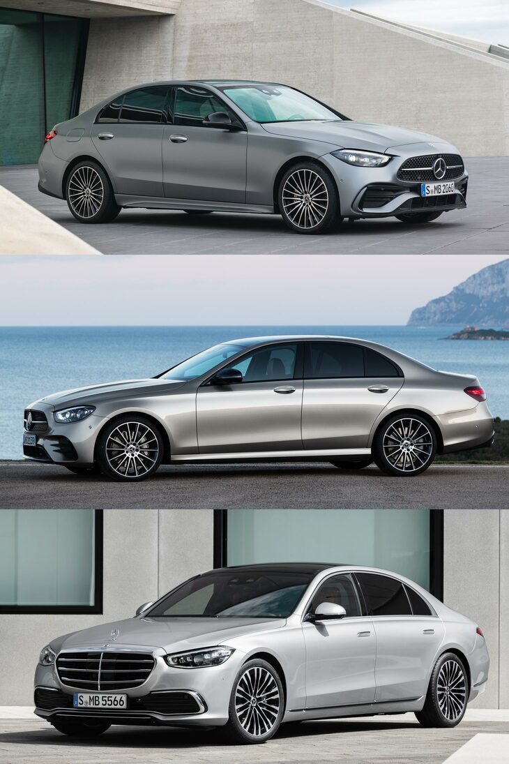 上から順に、「Cクラス」「Eクラス」「Sクラス」。最近フルモデルチェンジしたのでEクラスのみ先代の写真だが、とにかく、遠目にはほとんど区別がつかない。