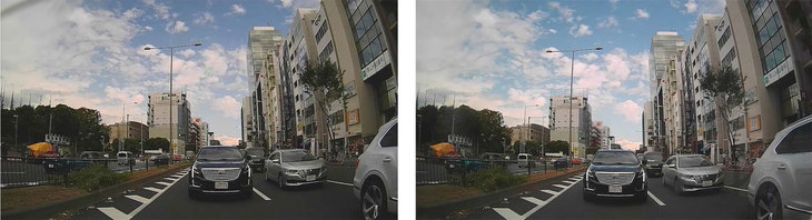 DRV-MR745は通常なら暗く映るスモークガラス車でもこのように普通のガラス車と変わらぬ明るい映像で記録できる。左がノーマルガラス、右がスモークシースルー機能で調整して撮ったスモークガラス車の映像。