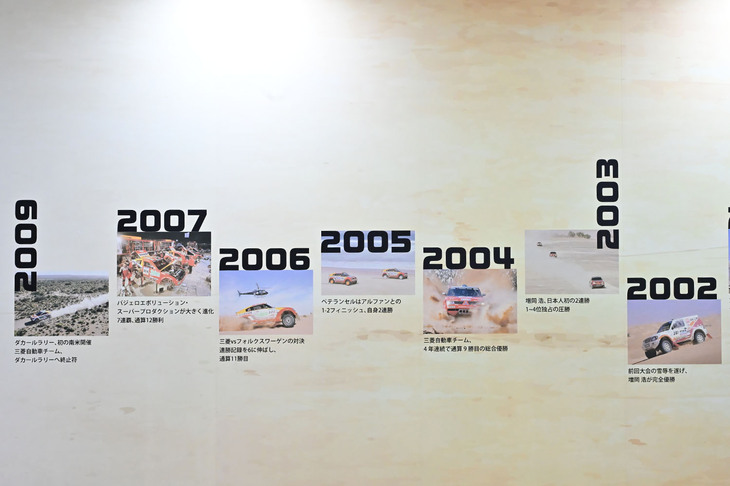 三菱のダカールラリーの戦歴をまとめたパネル展示（右から左へ時代が推移）。