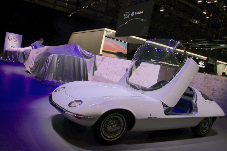 GFGスタイルのブースに飾られた1963年「ベルトーネ・シボレー・コーヴェア テスチュード」。2018年3月6日撮影。