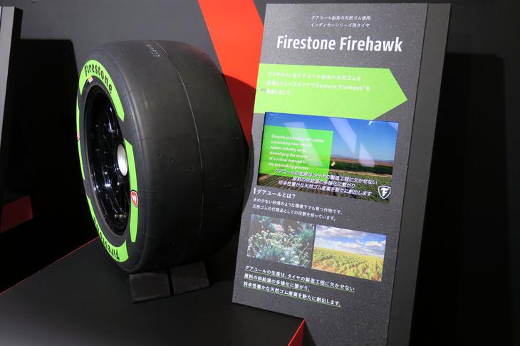 グアユール（乾燥地帯で育つゴムの木）由来の天然ゴムを使用した「NTT INDYCAR SERIES」向けのレーシングタイヤ。