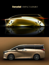 現行型「アルファード／ヴェルファイア」の初期のキースケッチ（上）と、アルファードのサイドビュー（下）。逆スラントしたフロントの先端からボディーの流れが始まるデザインは、当初から志向されていたものだった。