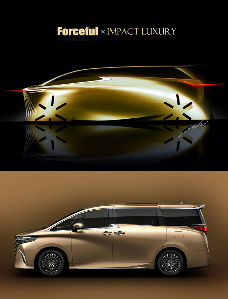 現行型「アルファード／ヴェルファイア」の初期のキースケッチ（上）と、アルファードのサイドビュー（下）。逆スラントしたフロントの先端からボディーの流れが始まるデザインは、当初から志向されていたものだった。