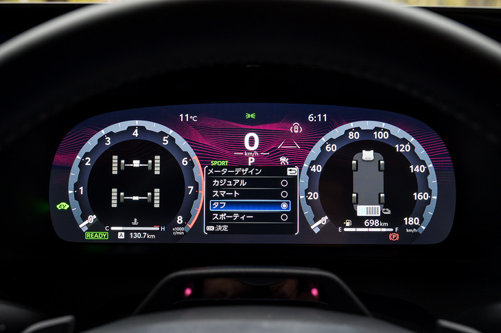 液晶メーターの表示レイアウトは「カジュアル」「スマート」「タフ」「スポーティー」の全4タイプ。これはタフにしたところで、二眼メーターのリングが歯車状になっている。