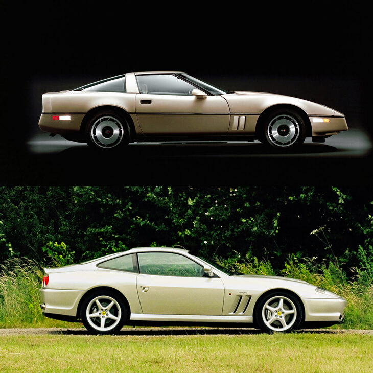 1983年登場の4代目「シボレー・コルベット」（上）と1996年登場の「550マラネロ」（下）の比較。ベルトラインの曲がり具合や長めの前後オーバーハング、尻上がりのボディー、スパッと立ち落としたリアの処理に注目。当時のwebCGほったが「あれ？」と思ったのも、むべなるかな。