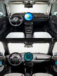 ICE車（上）とBEV（下）のインストゥルメントパネルまわり。デザインや操作系はよく似せているが、スピーカーやドアハンドルの配置など、内部構造にかかわる箇所がやっぱり異なっている。