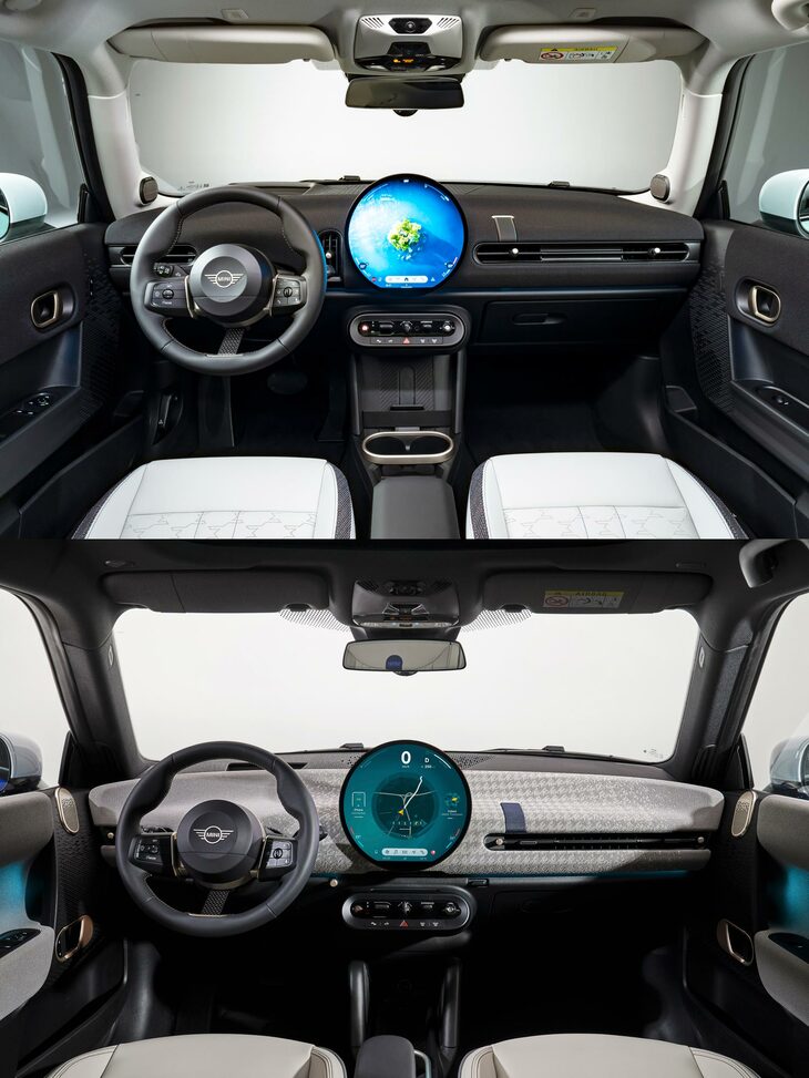 ICE車（上）とBEV（下）のインストゥルメントパネルまわり。デザインや操作系はよく似せているが、スピーカーやドアハンドルの配置など、内部構造にかかわる箇所がやっぱり異なっている。