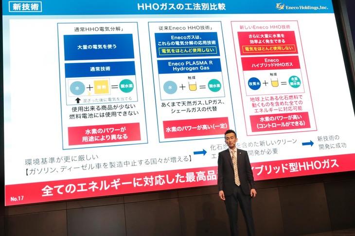 「Enecoガス」の特性について説明する、Eneco Holdingsの山本泰弘代表取締役社長。この新しいガスで世の中に燃料革命を起こすとアピールする。