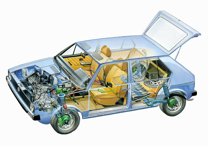 スペース効率に優れた設計がよくわかる透視図。ちなみにこれは、1977年に追加された1.5リッターディーゼルエンジン搭載車である。