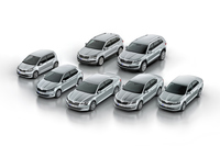 シュコダの2018年ラインナップ。前列左から「シティゴー」「ファビア」「スパーブ」「オクタヴィア」「ラピッド」。後列左から「カロック」「コディアック」。