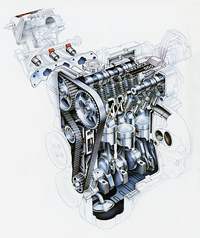 「ツインカム12RS」の直3 DOHC 12バルブ543ccエンジン。圧縮比10.0、EPIを備えて最高出力42ps/7500rpm、最大トルク4.2rpm/6000rpmを発生した。
    