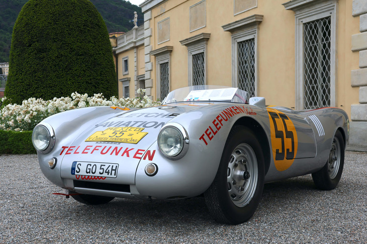 1954年の「ポルシェ550スパイダー カレラ パナメリカーナ メヒコ出場車」。テレフンケンのロゴが記されている。ポルシェ・ミュージアム蔵。