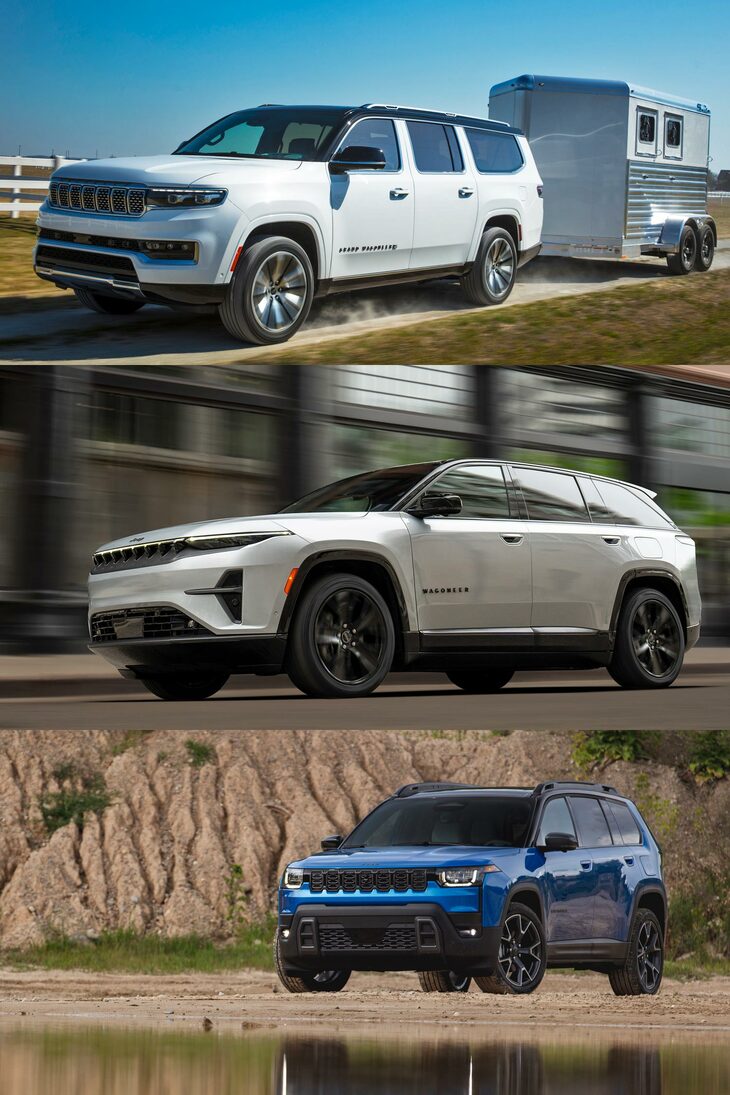 日本では「ラングラー」のイメージが強烈なジープだが、本場アメリカではかなり幅広いキャラクターの車種を取りそろえている。写真は上から「グランドワゴニアL」「ワゴニアS」「チェロキー」。