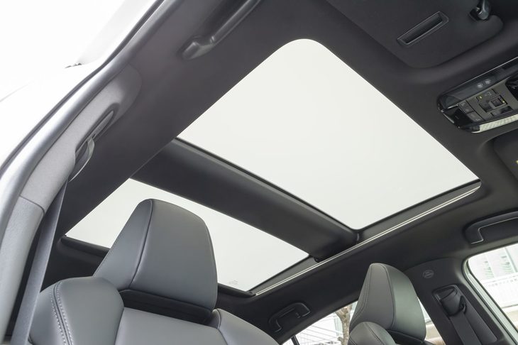 調光パノラマルーフは19万8000円のオプション。写真はガラスを曇らせて「障子越しのような」とうたわれる柔らかな光をキャビンに入れたところ。