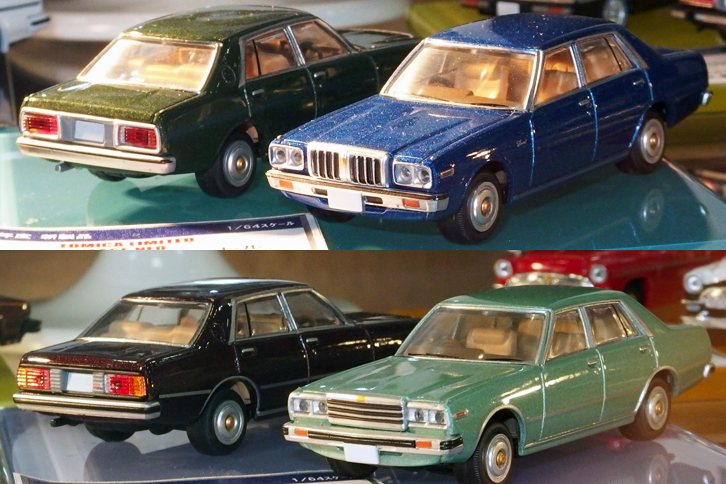 トミカリミテッドヴィンテージNEO（NEOは70年代以降のモデルが対象）の型式名C230こと3代目「日産ローレル」。上が円形ヘッドライトの前期型「セダン2000GL-6」で、下が角形ヘッドライトの後期型「セダン2000SGL-E」。発売予定は前期が2017年11月、後期が同年12月。価格はいずれも2300円。