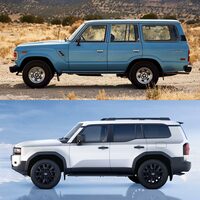 1980年から1989年まで販売された“60”系「トヨタ・ランドクルーザー」（上）と、最新の「ランドクルーザー“250”」（下）。