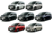 「ノア」のボディーカラーは全7色。このうち「スティールブロンドメタリック」（下段右）は標準系グレードの専用色、「レッドマイカメタリック」（下段左）と新色の「グリッターブラックガラスフレーク」（中段左）は、エアロ系グレードの専用色となっている。