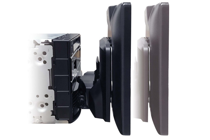 写真でわかるように、ディスプレイは本体から浮き出たアームでマウントされる。アームには前後角度調整、左右角度調整、奥行き調整、上下スライドのほか左右傾き調整機構が備わるから思いどおりに位置設定ができる。