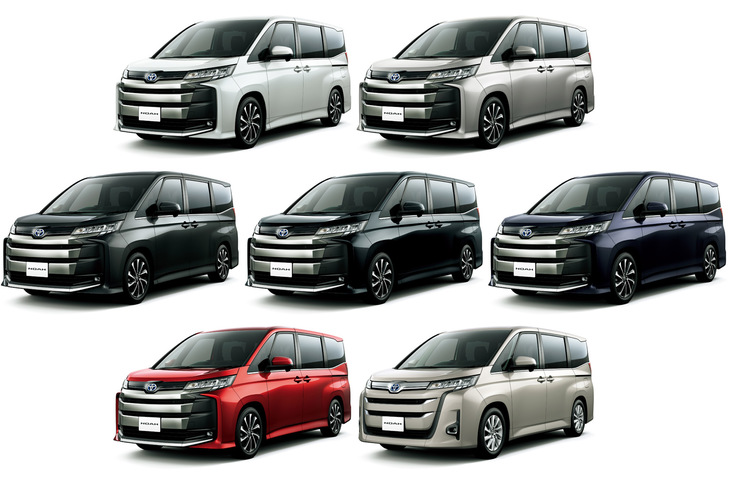 「ノア」のボディーカラーは全7色。このうち「スティールブロンドメタリック」（下段右）は標準系グレードの専用色、「レッドマイカメタリック」（下段左）と新色の「グリッターブラックガラスフレーク」（中段左）は、エアロ系グレードの専用色となっている。