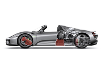 重量物をホイールベース間の、低い位置に搭載していることを示すイラスト。赤く示されているコンポーネントは、前からフロントモーターユニット、駆動用リチウムイオンバッテリー（単体重量138kg。上部に70リッターの燃料タンクが置かれる）、そしてリアモーターユニット。前後輪の静的重量配分は43：57。エンジンの搭載位置の低さに注目。