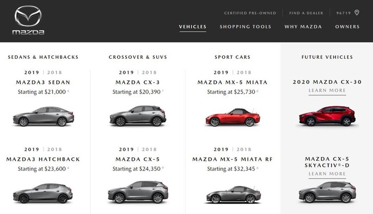マツダUSAオフィシャルサイトの車種紹介ページ。「ロードスター」のアメリカ名は「MX-5 MIATA」で、「マツダ3ファストバック」は「マツダ3ハッチバック」の名で販売されている。