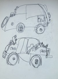 図A。上は、前部のスペアタイヤからして「バモス・ホンダ」に感激して描いたに違いない。