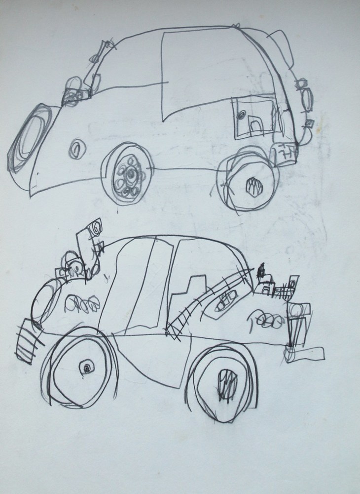 図A。上は、前部のスペアタイヤからして「バモス・ホンダ」に感激して描いたに違いない。