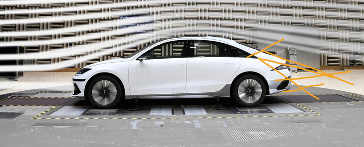 「アイオニック6」。テールから後方に延びる各ラインは、1点で出会わない。クオーターウィンドウ後端で交錯する、開口部のラインも煩雑に映る（補足線は筆者による）。