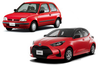 1991年登場の2代目「日産マーチ」（上）と、2019年登場の「トヨタ・ヤリス」（下）。ボディー下端に注目。最近のクルマは、事故の際に歩行者などを車体の下に巻き込まないようにするため、あるいは車両同士の事故の際の、衝突性能確保のため、空力性能向上のため、チッピング（飛び石）対応のため……と、さまざまな理由でバンパーやサイドスカートが“末広がり”な形状となっている。結果としてタイヤが目立ちにくくなったため、大きなタイヤを履かせないと、格好がつかなくなったのだ。比較的サイドシルを中に入れていた欧州車でも、この傾向はあり、床下にバッテリーを積む電気自動車では、さらに厳しいことになると思われる。