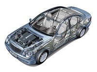 イラストは5リッターV8搭載「E500」。足まわりには、スプリングとダンパーを電子制御する「エアマティックDC（デュアルコントロール）エアサスペンション」を採用した。
    
    